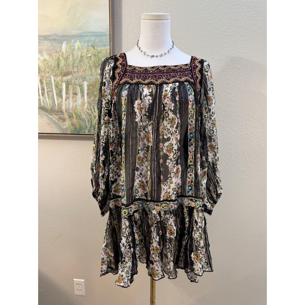 Free People Boho Embroidered Mini Dress Black Floral Long Sleeve Medium